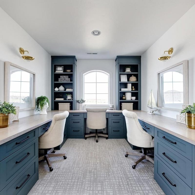 blue desk white chairs