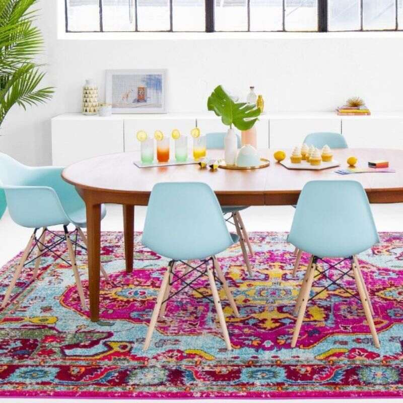 baby blue chairs and pink rug