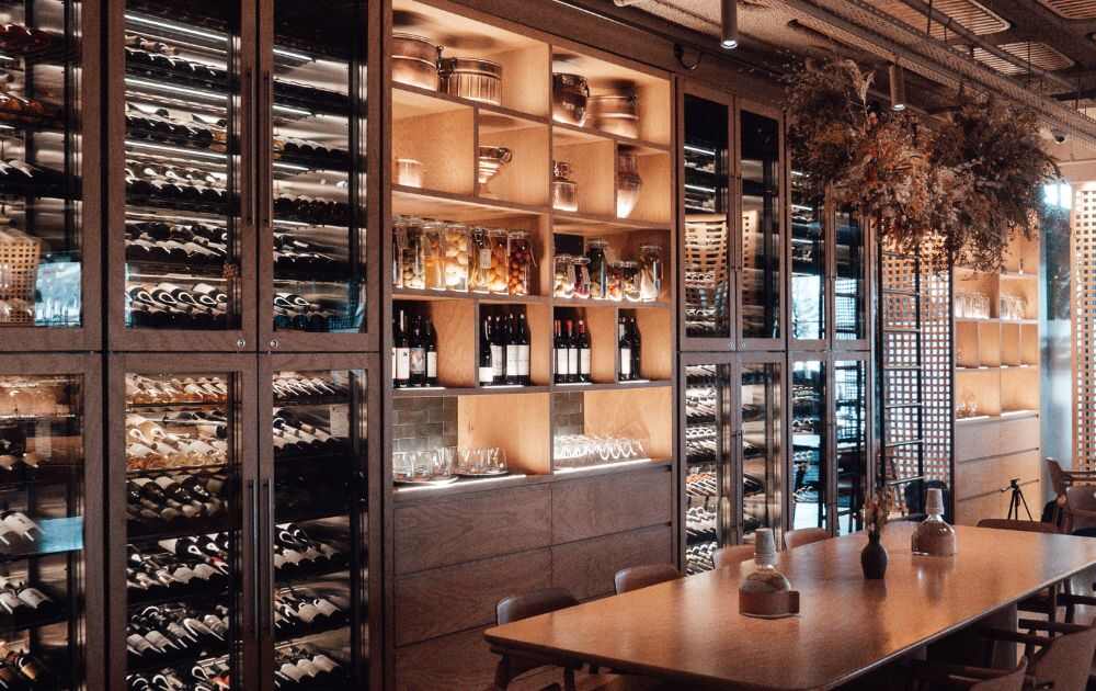 restaurant with wine cellar on the walls