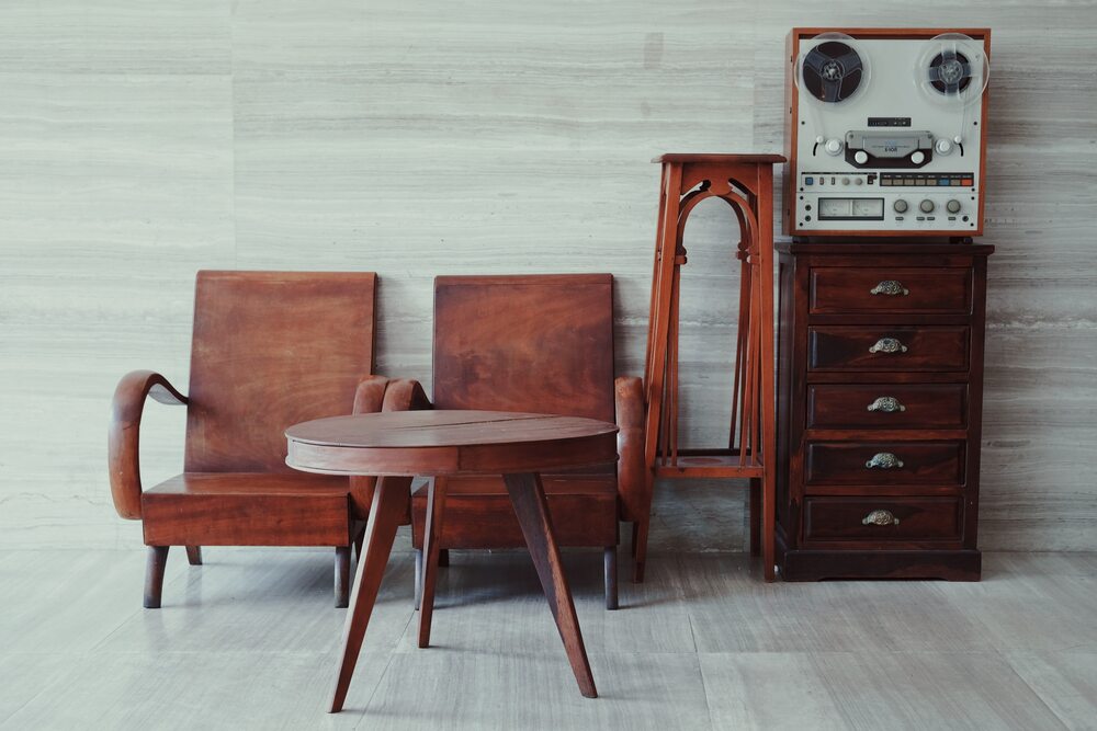 wooden chairs tables and drawers