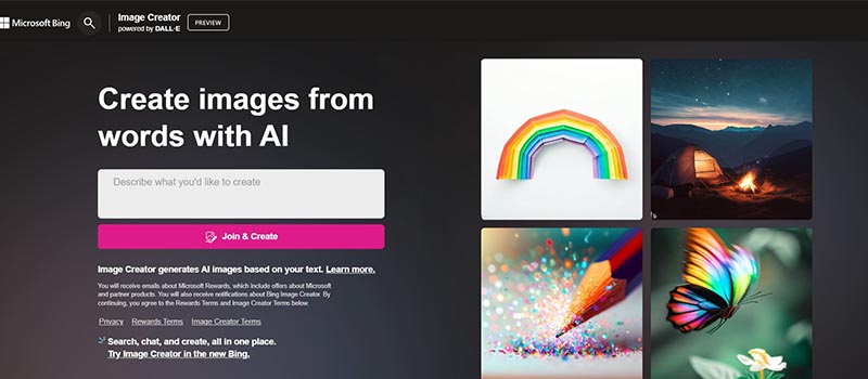 Bing Image Creator home page