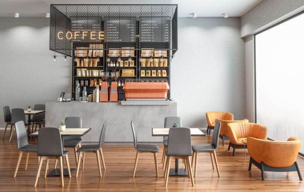 minimalist retro coffee shop with orange and gray palette
