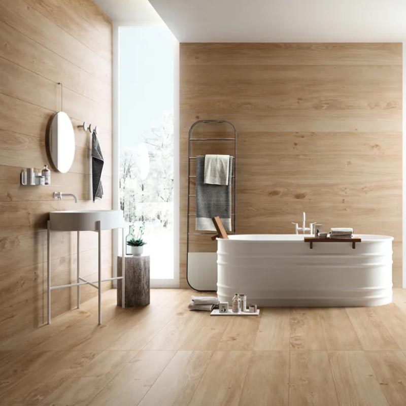 wooden bathroom and bathtub